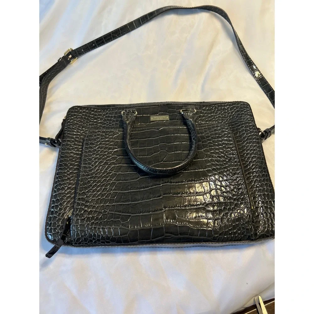 KATE SPADE NY Charcoal Croco Embossed Patent Leather Padded Laptop Tote Bag NWOT